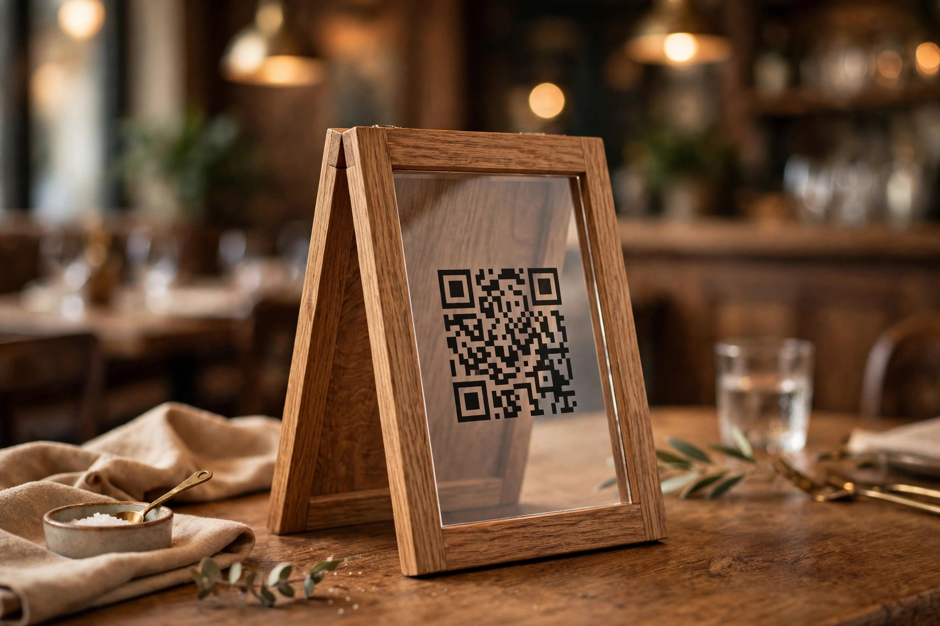 Chevalet bois et acrylique avec QR code sur une table de brasserie