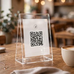 Échantillon plaque QR code acrylique A6 sur une table de restaurant