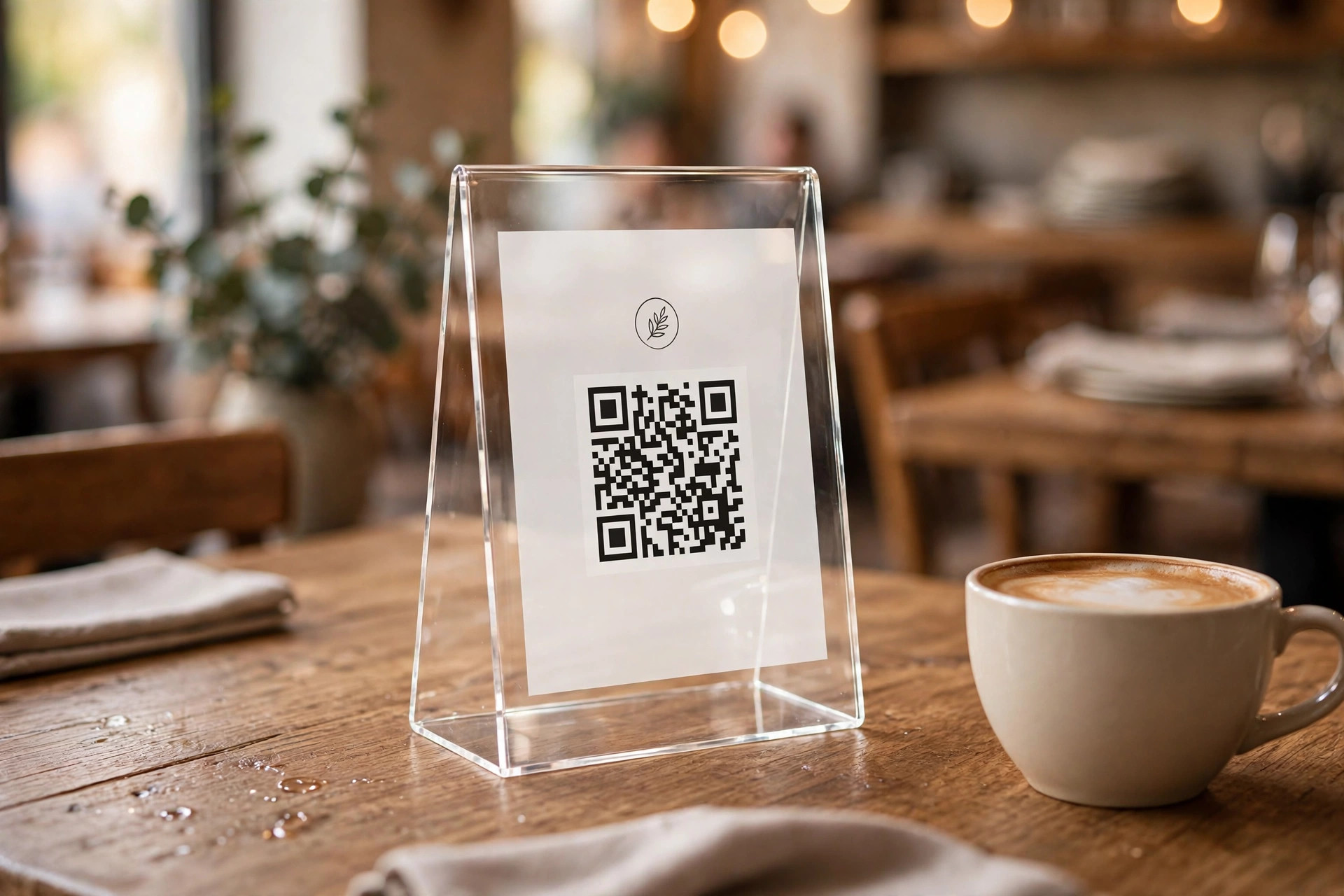 Échantillon plaque QR code acrylique A6 sur une table de restaurant