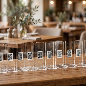 Kit 10 plaques QR code acrylique A6 sur des tables de restaurant