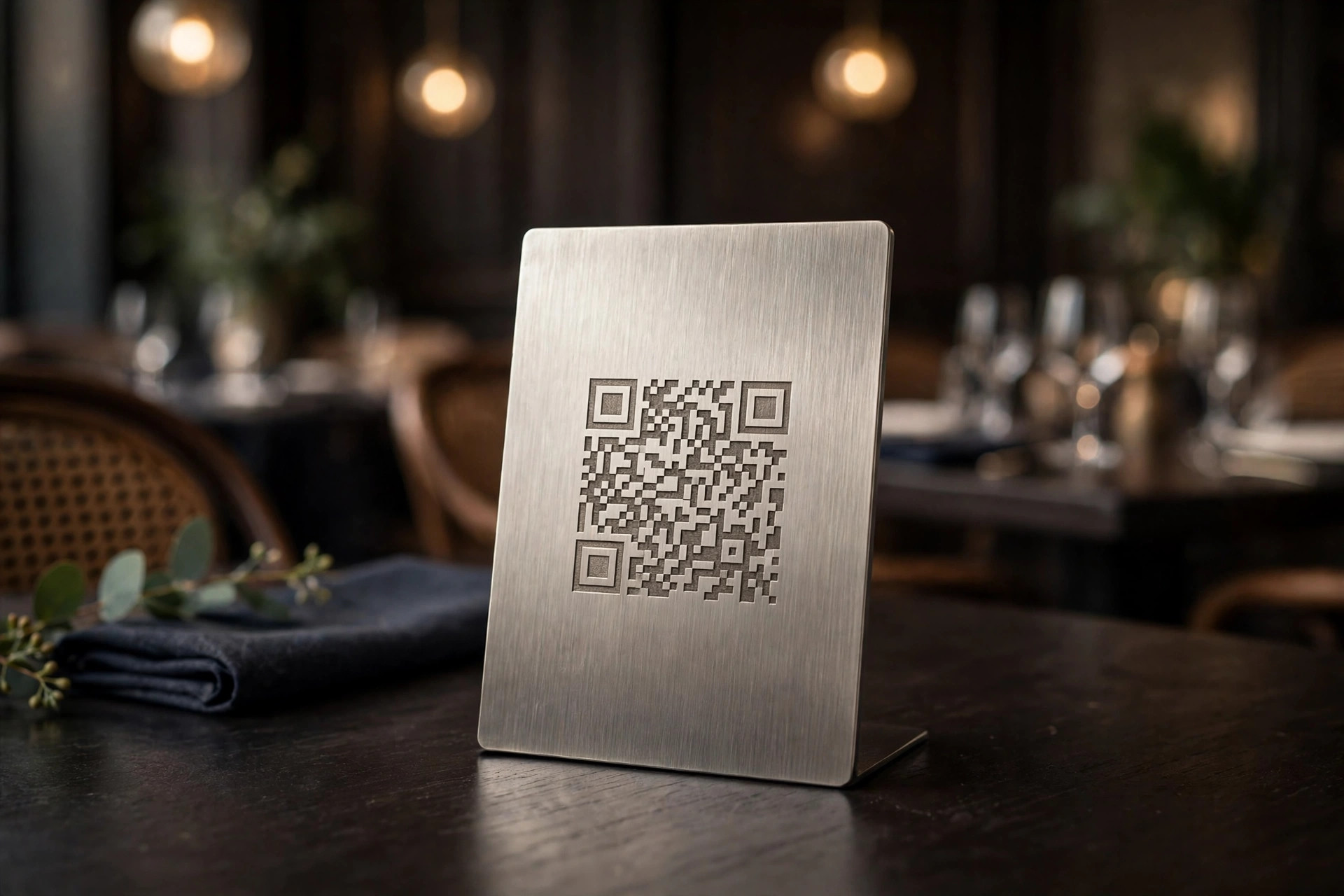 Plaque métal gravée avec QR code sur une table de restaurant