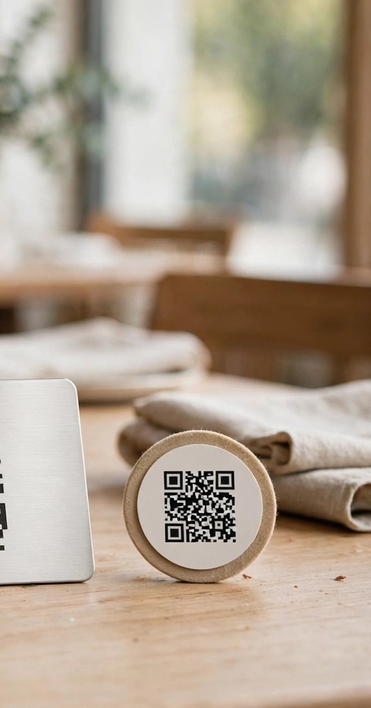 Étiquette ronde QR code et NFC sur une table de restaurant